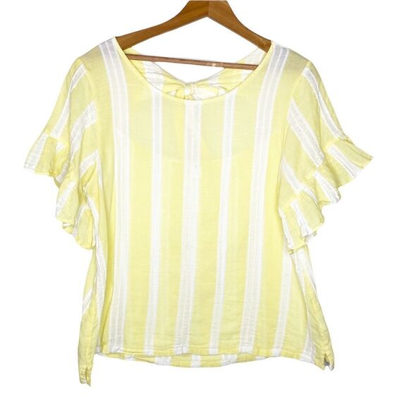 BP Womens Yellow Striped Top Size Large Tie Back Short Sleeve Flutter - Picture 2 of 7